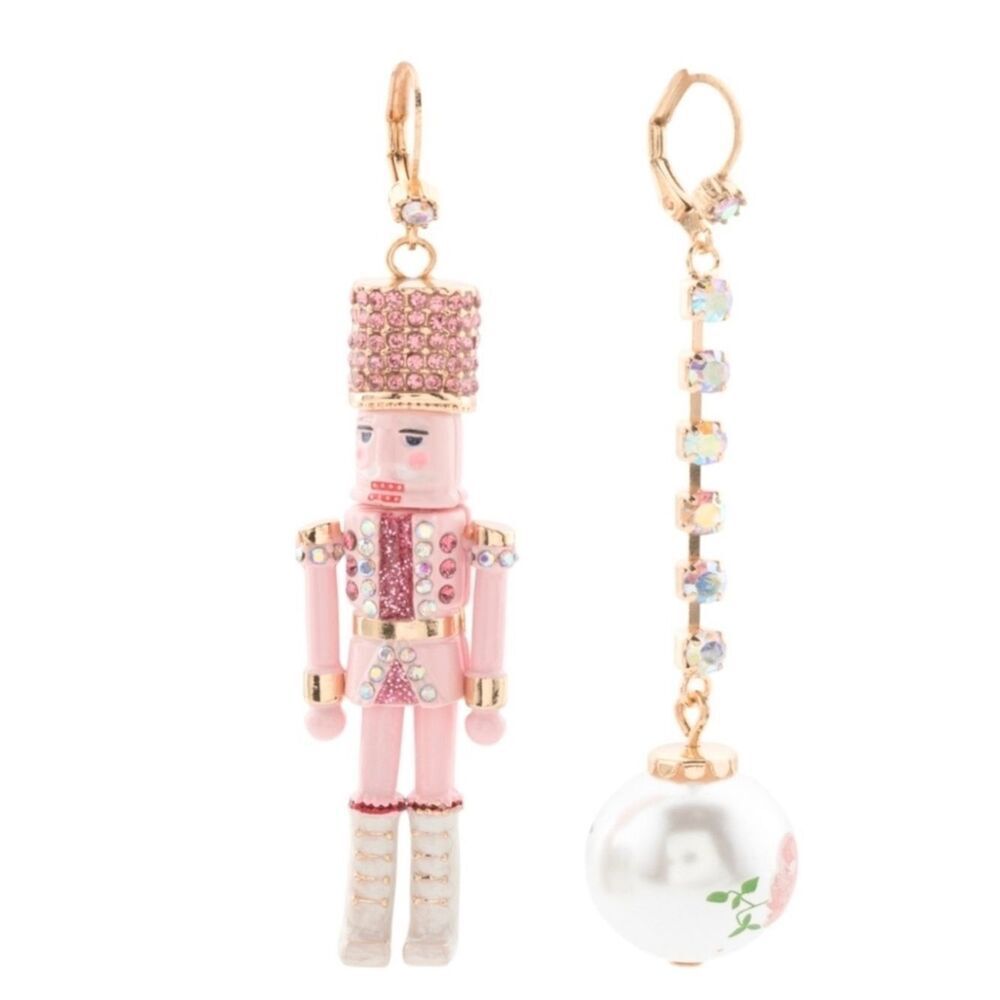 Betsey Johnson Pink Nutcracker MisMatched Earrings With Crystals & Pearl